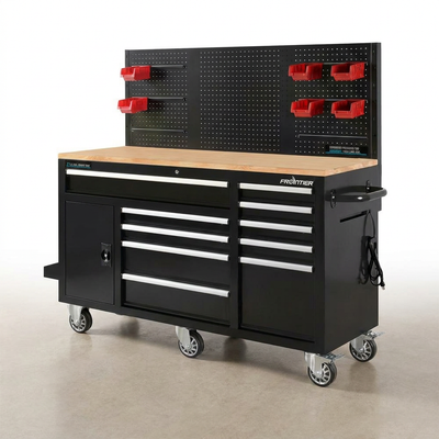 Mobile Workbench Cabinet Built for Heavy-Duty Garage Work, 10-Drawer Storage, Pegboard Back Wall, Rubber Wood Top