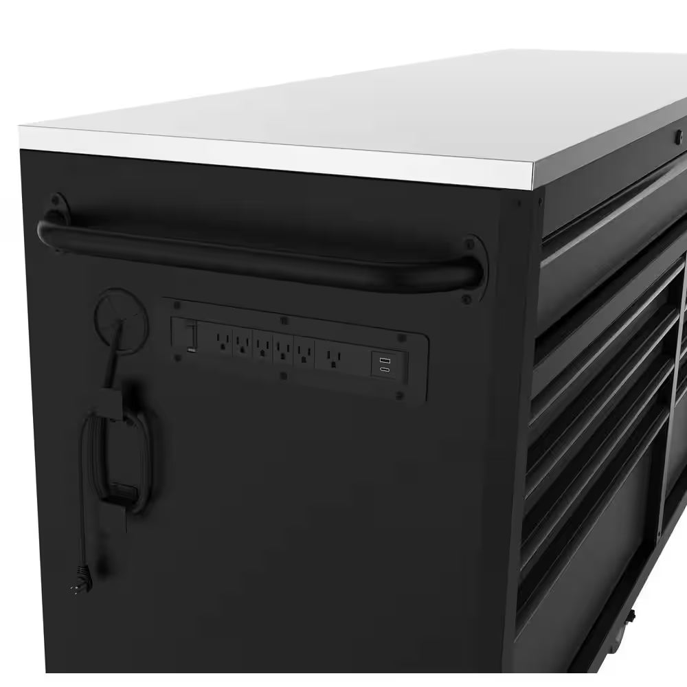 Heavy-Duty 72 In. W15-Drawer Matte Black Mobile Workbench Cabinet with Stainless Steel Top