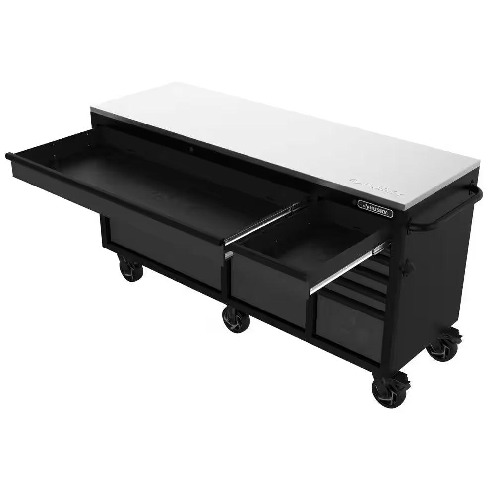 Heavy-Duty 72 In. W15-Drawer Matte Black Mobile Workbench Cabinet with Stainless Steel Top