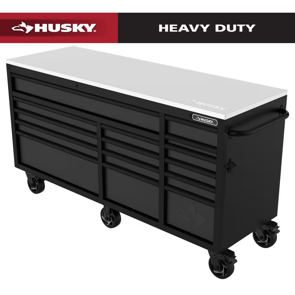 Heavy-Duty 72 In. W15-Drawer Matte Black Mobile Workbench Cabinet with Stainless Steel Top