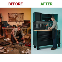 56 In. W X 27.6 In. D 10-Drawer Matte Black Heavy-Duty Mobile Workbench with Pegboard and Top Cabinets — Before & After