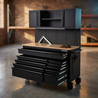 56 In. W X 27.6 In. D 10-Drawer Matte Black Heavy-Duty Mobile Workbench with Pegboard and Top Cabinets — Studio Shot