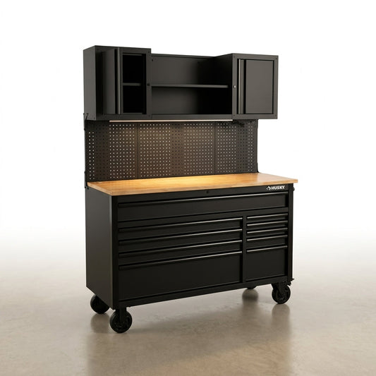 56 In. W X 27.6 In. D 10-Drawer Matte Black Heavy-Duty Mobile Workbench with Pegboard and Top Cabinets — Studio Shot