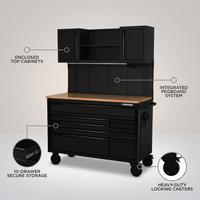 56 In. W X 27.6 In. D 10-Drawer Matte Black Heavy-Duty Mobile Workbench with Pegboard and Top Cabinets — infographic