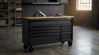 56 In. W X 27.6 In. D 10-Drawer Matte Black Heavy-Duty Mobile Workbench with Pegboard and Top Cabinets — Lifestyle