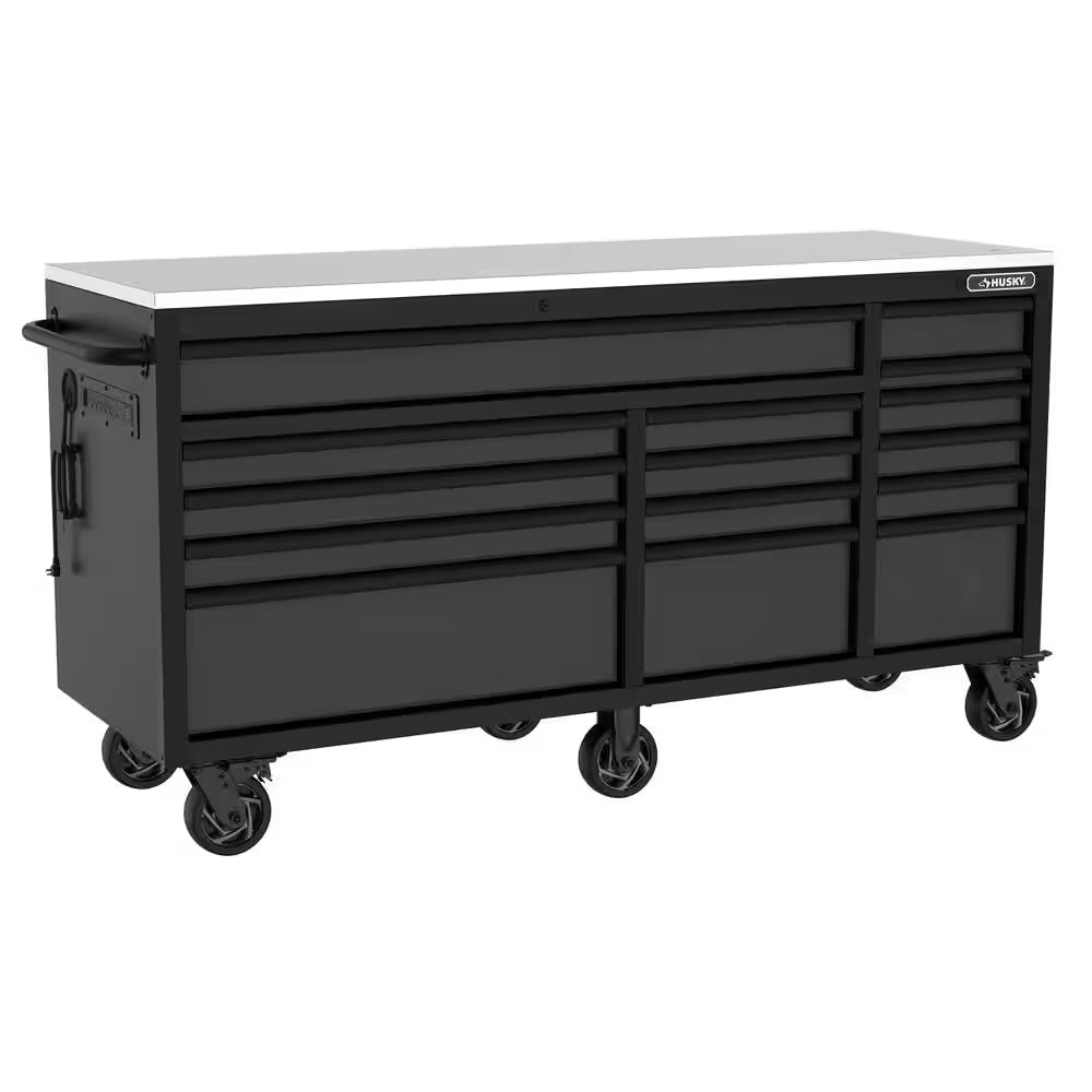Heavy-Duty 72 In. W15-Drawer Matte Black Mobile Workbench Cabinet with Stainless Steel Top