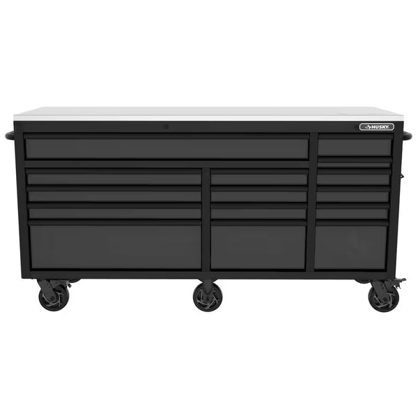 Heavy-Duty 72 In. W15-Drawer Matte Black Mobile Workbench Cabinet with Stainless Steel Top