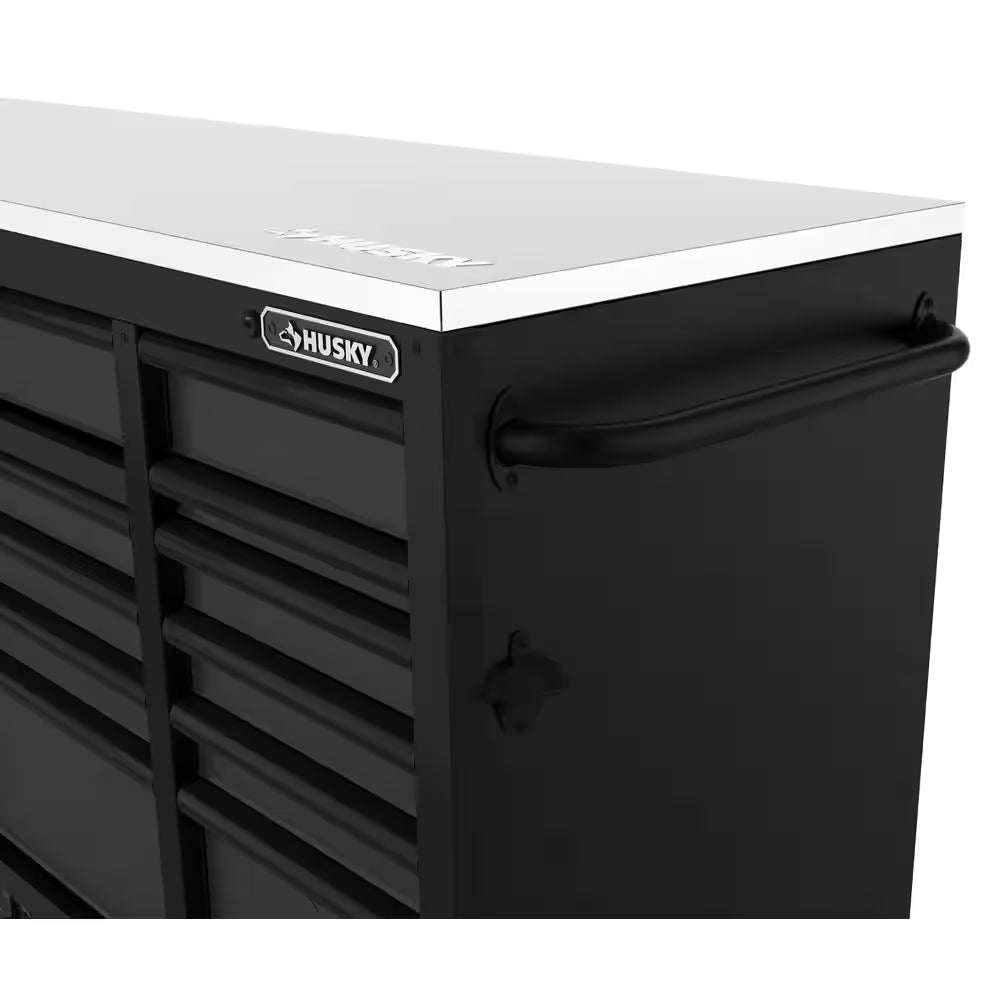 Heavy-Duty 72 In. W15-Drawer Matte Black Mobile Workbench Cabinet with Stainless Steel Top