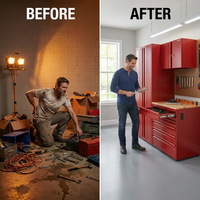 Garage Storage System Built for Ultimate Organization, Pre-Assembled Steel, Wood Worktop, 3-Piece Set — Before & After