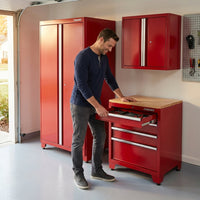 Garage Storage System Built for Ultimate Organization, Pre-Assembled Steel, Wood Worktop, 3-Piece Set — Lifestyle