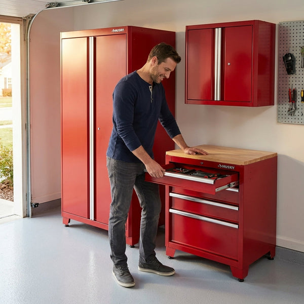 Garage Storage System Built for Ultimate Organization, Pre-Assembled Steel, Wood Worktop, 3-Piece Set
