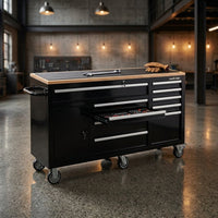Heavy-Duty 62 In. W X 22 In. D 10-Drawer Black Tool Chest Mobile Workbench Cabinet with Pegboard Back Wall — Studio Shot