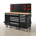 Mobile Workbench Cabinet Built for Heavy-Duty Garage Work, 10-Drawer Storage, Pegboard Back Wall, Rubber Wood Top