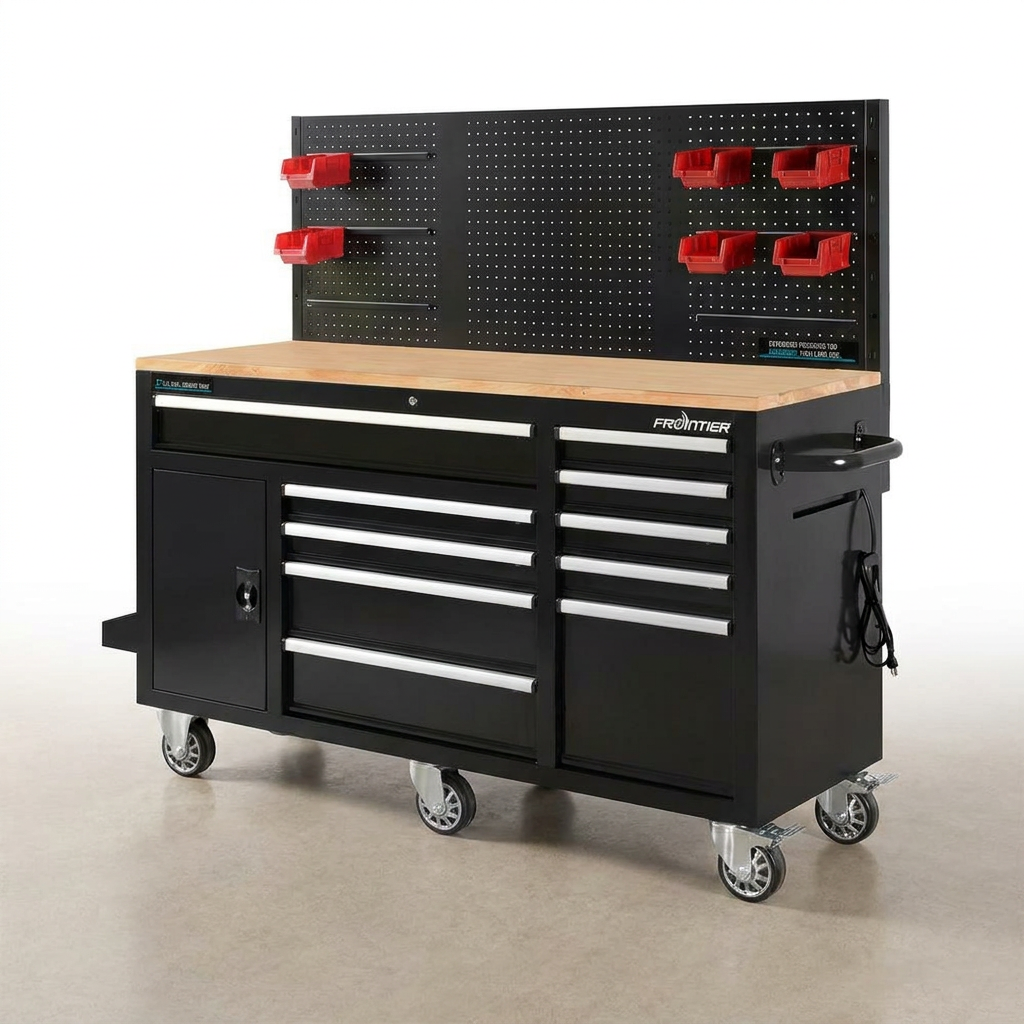 Heavy-Duty 62 In. W X 22 In. D 10-Drawer Black Tool Chest Mobile Workbench Cabinet with Pegboard Back Wall — Studio Shot
