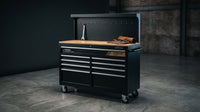Heavy-Duty 62 In. W X 22 In. D 10-Drawer Black Tool Chest Mobile Workbench Cabinet with Pegboard Back Wall — Lifestyle