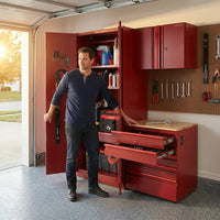 Heavy Duty 64 In. W X 81 In. H X 24 In. D Pre-Assembled Steel 3-Piece Garage Storage System in Red with Wood Worktop — Lifestyle