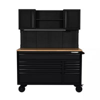 56 In. W X 27.6 In. D 10-Drawer Matte Black Heavy-Duty Mobile Workbench with Pegboard and Top Cabinets