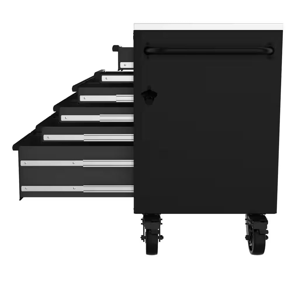 Heavy-Duty 72 In. W15-Drawer Matte Black Mobile Workbench Cabinet with Stainless Steel Top